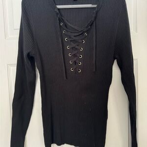 INC International Concepts Black Lace-Up Long Sleeve Top